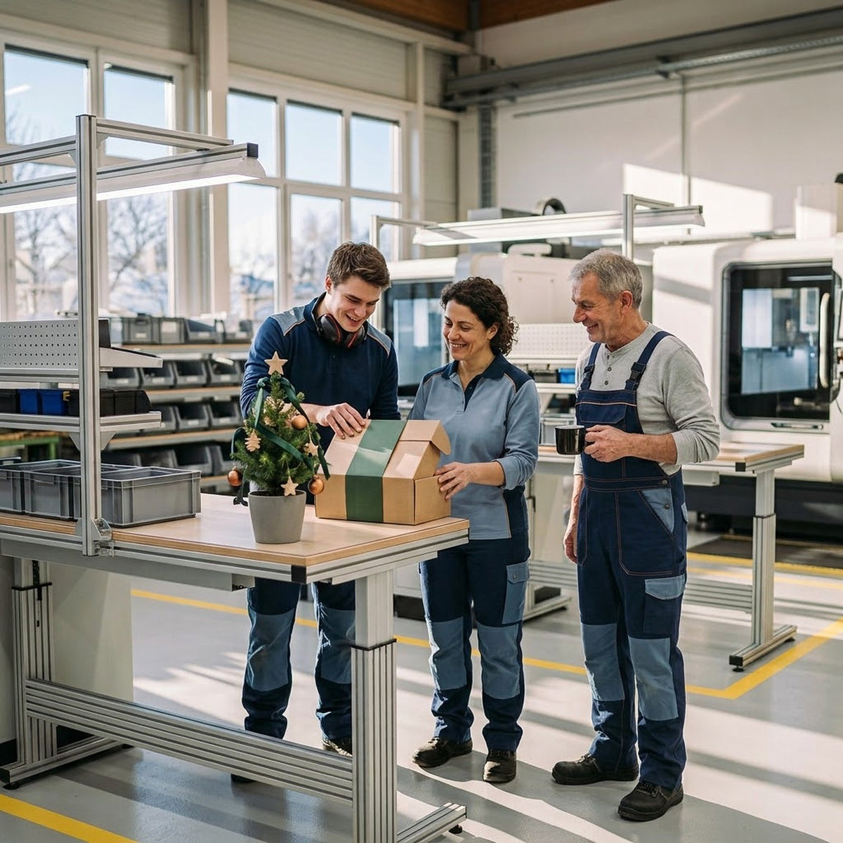 Kollegen öffnen in der Werkhalle eine Werkgabe-Weihnachtsbox